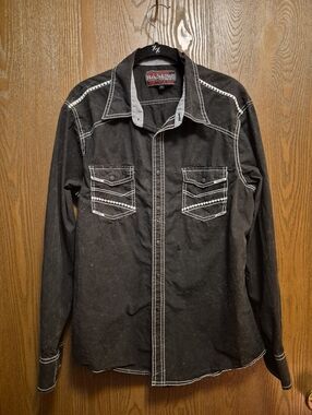 Rock & Roll Cowboy Men's Black Western Shirt with White Stitching Size L
